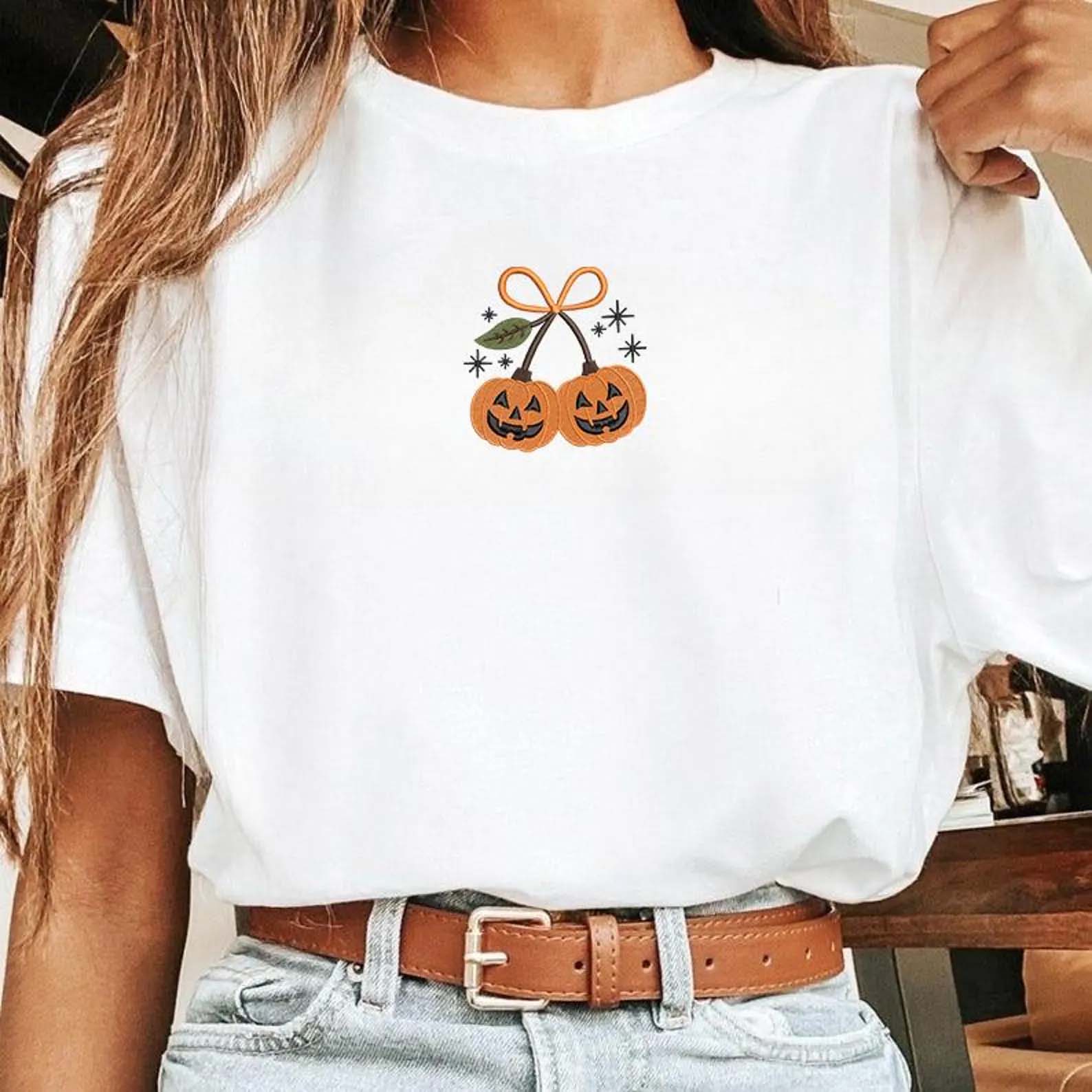 Pumpkin Cherry Coquette Embroidery Shirt