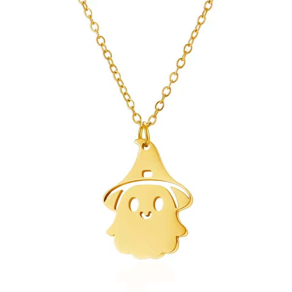 Stainless Steel Halloween Ghost Witch Necklace Cartoon Girl Wearing Mushroom Hat Pendant