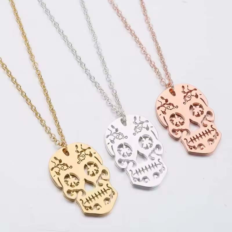 Neo-Gothic Stainless Steel Skull Charm Necklace for Women Creative Skeleton Jewelry Cool Girls Halloween