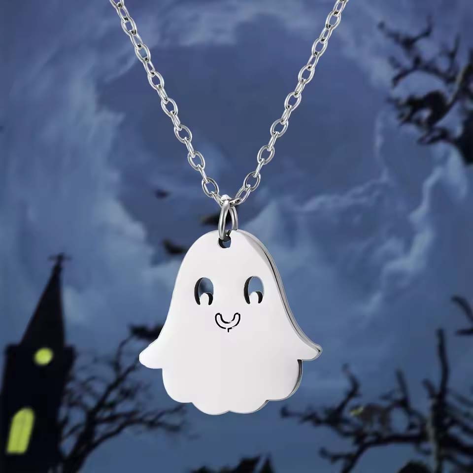 Stainless Steel Halloween Ghost Witch Necklace Cartoon Girl Wearing Mushroom Hat Pendant