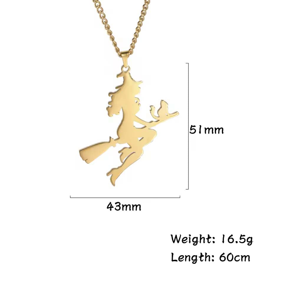 Witch Cat Flying Magic Broom Pendant Necklace for Women Men Stainless Steel Wicca Necklaces Halloween Jewelry